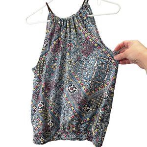 Chaps Denim Sleeveless Knit Top M Leather Strap Chain Closure Paisley Smocked